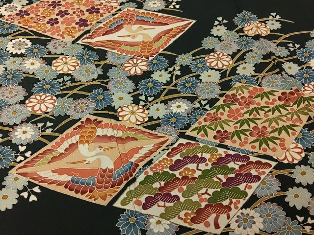 平和屋着物▽本加賀友禅作家 押田正義 黒留袖 単衣 松竹梅 鶴 正絹 逸品 AABJ1792jh