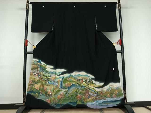 平和屋着物▽豪華黒留袖 単衣 作家物 手描き 人物風景文 暈し染め 金彩 正絹 逸品 AABJ1797jh