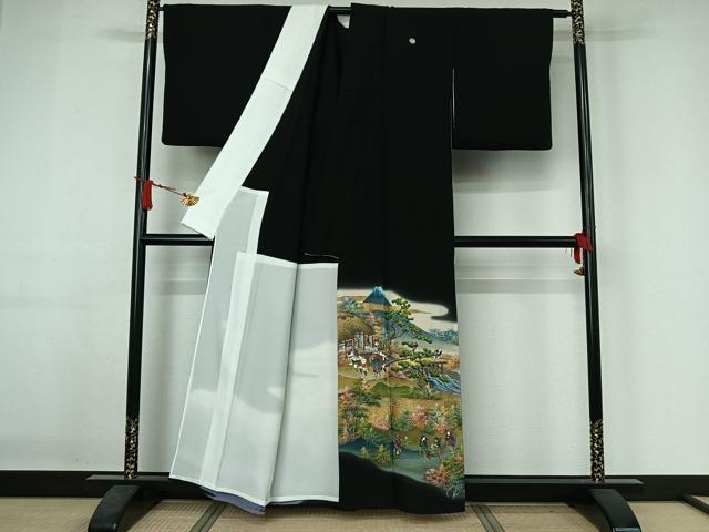 平和屋着物▽豪華黒留袖 単衣 作家物 手描き 人物風景文 暈し染め 金彩 正絹 逸品 AABJ1797jh