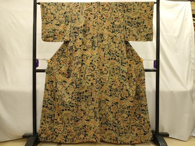 平和屋着物■上質な小紋 花鳥人物風景文 鬼しぼ縮緬 正絹 逸品 AABJ1843sx
