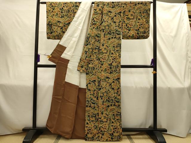 平和屋着物■上質な小紋 花鳥人物風景文 鬼しぼ縮緬 正絹 逸品 AABJ1843sx