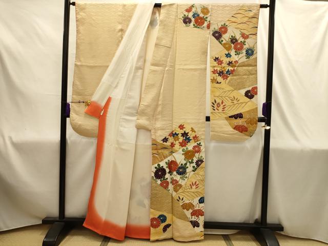 平和屋着物■豪華振袖 駒刺繍 裂取草花文 金彩 正絹 逸品 AABJ1872sx