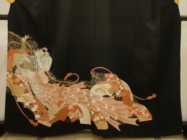 平和屋着物■豪華黒留袖 刺繍 地紙重ね孔雀風景文 金銀糸 金彩 正絹 逸品 AABJ1897sx
