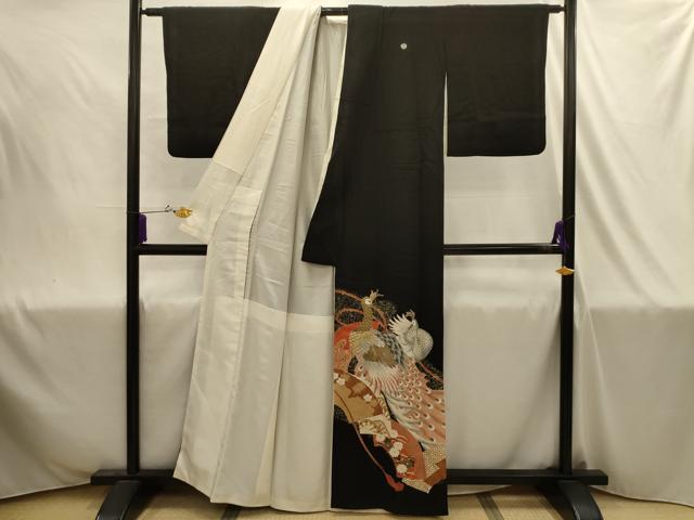 平和屋着物■豪華黒留袖 刺繍 地紙重ね孔雀風景文 金銀糸 金彩 正絹 逸品 AABJ1897sx
