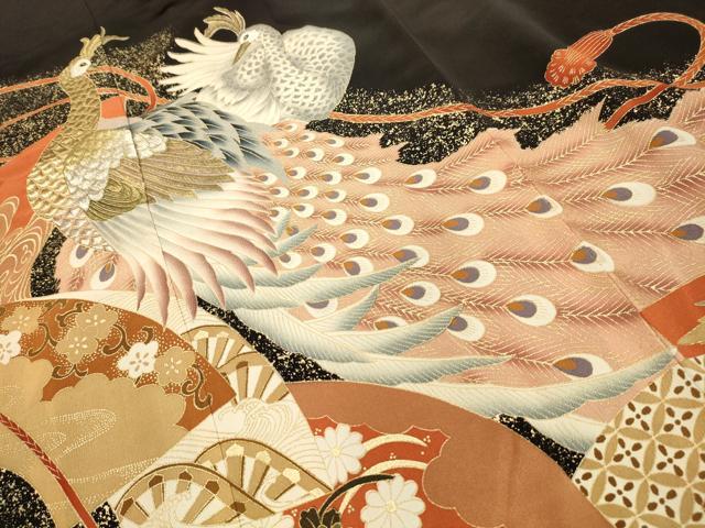 平和屋着物■豪華黒留袖 刺繍 地紙重ね孔雀風景文 金銀糸 金彩 正絹 逸品 AABJ1897sx