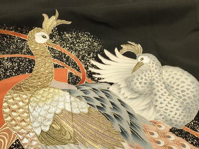平和屋着物■豪華黒留袖 刺繍 地紙重ね孔雀風景文 金銀糸 金彩 正絹 逸品 AABJ1897sx