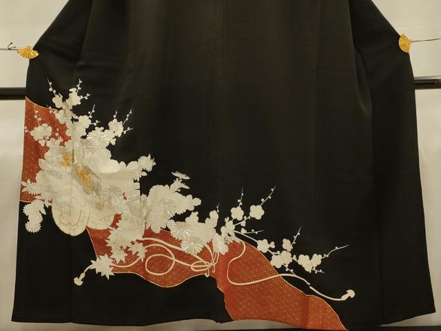 平和屋着物■豪華黒留袖 駒刺繍 花車文 金銀彩 銀糸 正絹 逸品 AABJ1898sx