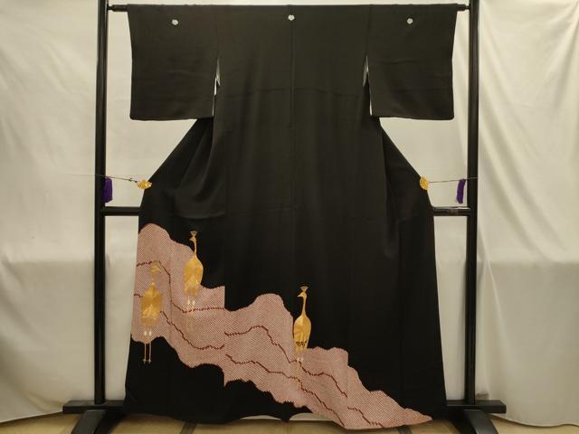 平和屋着物■豪華黒留袖 駒刺繍 絞り 孔雀文 正絹 逸品 AABJ1902sx
