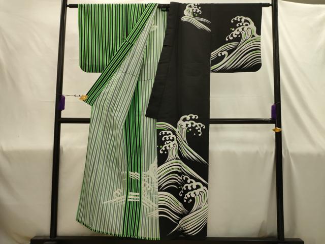 平和屋着物▽訪問着 単衣 立波文 片身替わり 洗える着物 AABJ1923sx