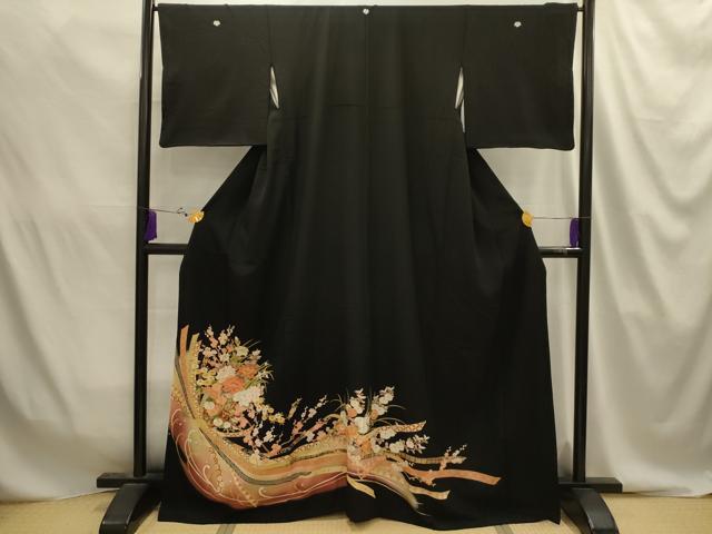 平和屋着物■豪華黒留袖 駒刺繍 束ね熨斗花車文 暈し染め 金彩 正絹 逸品 AABJ2057sx