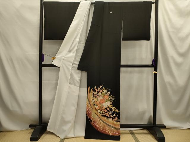 平和屋着物■豪華黒留袖 駒刺繍 束ね熨斗花車文 暈し染め 金彩 正絹 逸品 AABJ2057sx
