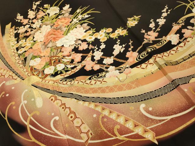 平和屋着物■豪華黒留袖 駒刺繍 束ね熨斗花車文 暈し染め 金彩 正絹 逸品 AABJ2057sx