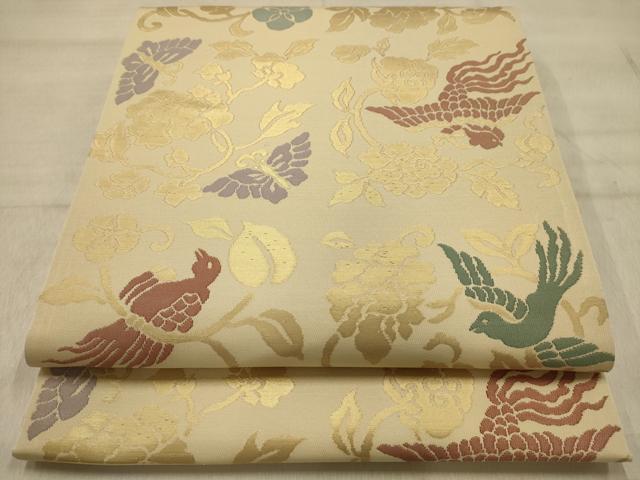 平和屋着物●西陣 田中義織物謹製 全通柄袋帯 花鳥舞蝶文 金糸 正絹 逸品 AABJ2124sx