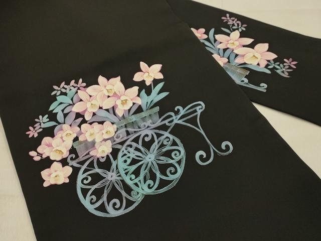 平和屋着物●塩瀬 九寸名古屋帯 ろうけつ染 花車文 黒地 金彩 正絹 逸品 AABJ2141sx