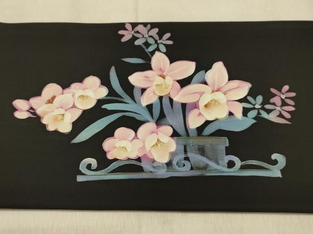 平和屋着物●塩瀬 九寸名古屋帯 ろうけつ染 花車文 黒地 金彩 正絹 逸品 AABJ2141sx
