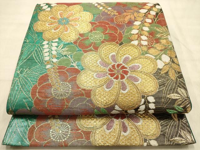 平和屋着物●六通柄袋帯 草花文 金糸 正絹 逸品 AABJ2160sx