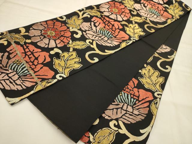 平和屋着物●六通柄 本袋帯 牡丹文万暦 黒地 金糸 正絹 逸品 AABJ2168sx