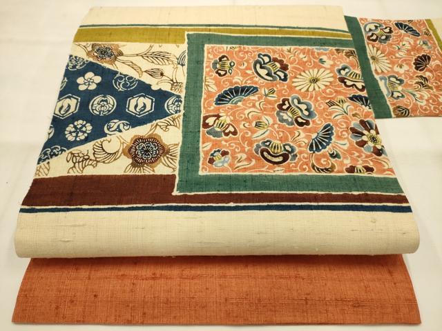 平和屋着物●九寸名古屋帯 紬地 型染め 更紗花文 正絹 逸品 AABJ2190sx