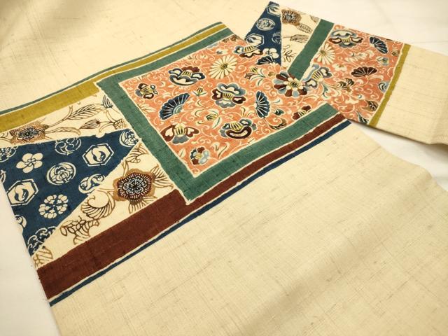 平和屋着物●九寸名古屋帯 紬地 型染め 更紗花文 正絹 逸品 AABJ2190sx