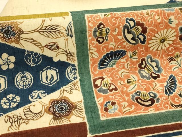 平和屋着物●九寸名古屋帯 紬地 型染め 更紗花文 正絹 逸品 AABJ2190sx