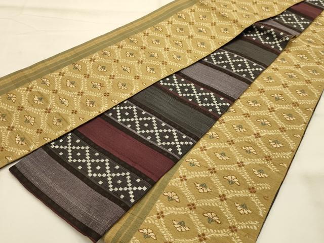平和屋着物●両面半幅帯 紬地 花織 網目花文 正絹 逸品 AABJ2197sx