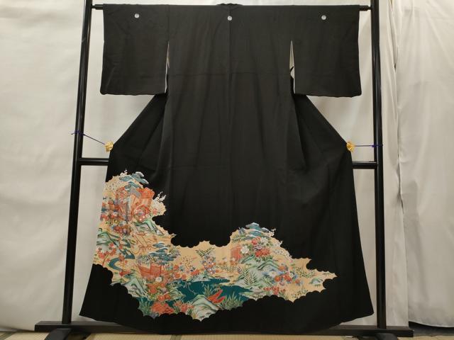 平和屋着物■豪華黒留袖 駒刺繍 御所車花松文 正絹 逸品 AABJ2212st