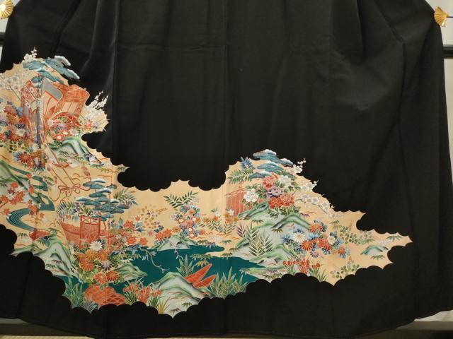 平和屋着物■豪華黒留袖 駒刺繍 御所車花松文 正絹 逸品 AABJ2212st