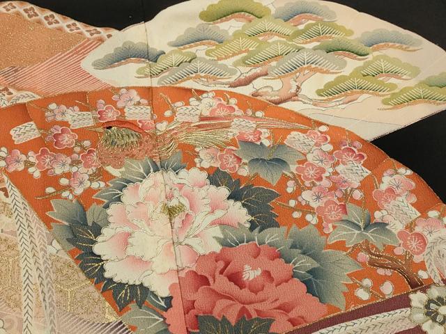 平和屋着物■豪華黒留袖 駒刺繍 扇面花鳥文 金彩 正絹 逸品 AABJ2219st