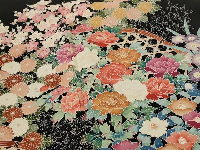 平和屋着物■豪華黒留袖 友禅 草花文 正絹 逸品 AABJ2223st