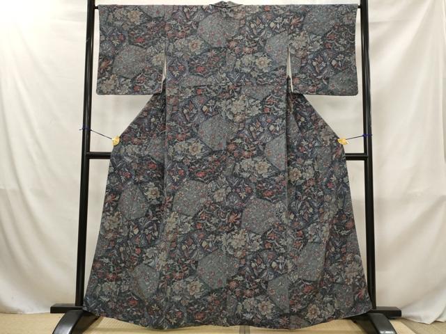平和屋着物■上質な小紋 切嵌更紗花文 鬼しぼ縮緬 正絹 逸品 AABJ2376st