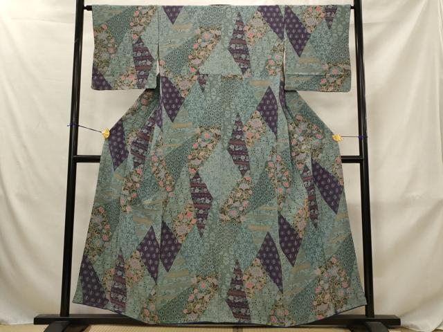 平和屋着物■上質な小紋 切嵌更紗花文 正絹 逸品 AABJ2390st