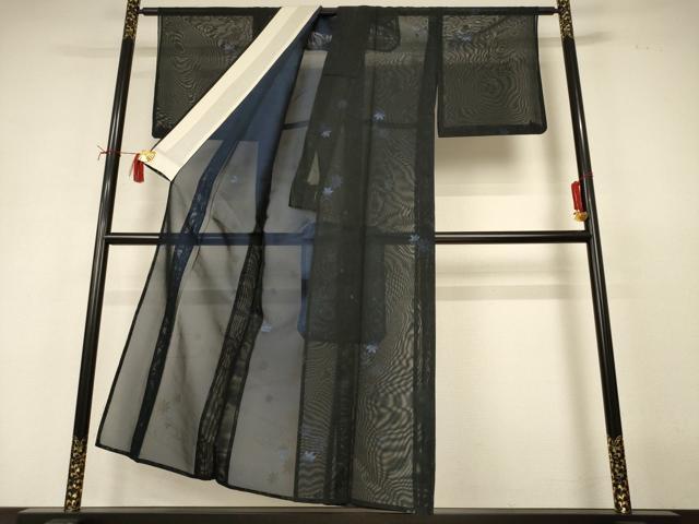 平和屋着物*夏物 小紋 紗 流水舞葉文 黒地 正絹 逸品 AABJ2493jd