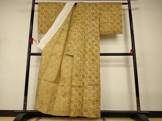 平和屋着物*夏物 生紬 紗 型染め 市松舞蝶文 正絹 逸品 AABJ2528jd
