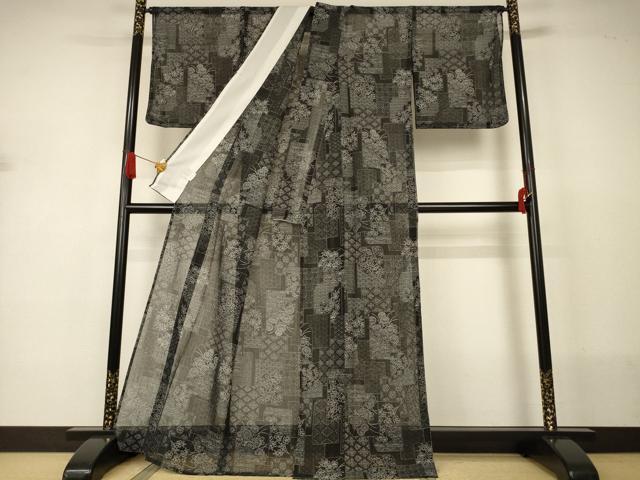 平和屋着物*夏物 小紋 紗 色紙吉祥花文 黒地 洗える着物 未使用 AABJ2532jd