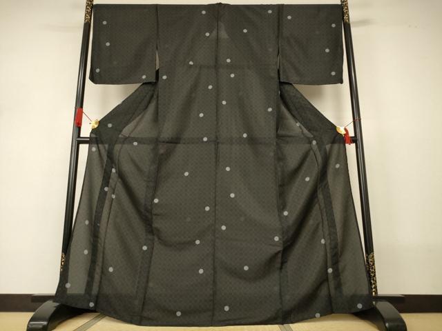 平和屋着物*夏物 小紋 縦絽 丸文 黒地 洗える着物 未使用 AABJ2537jd
