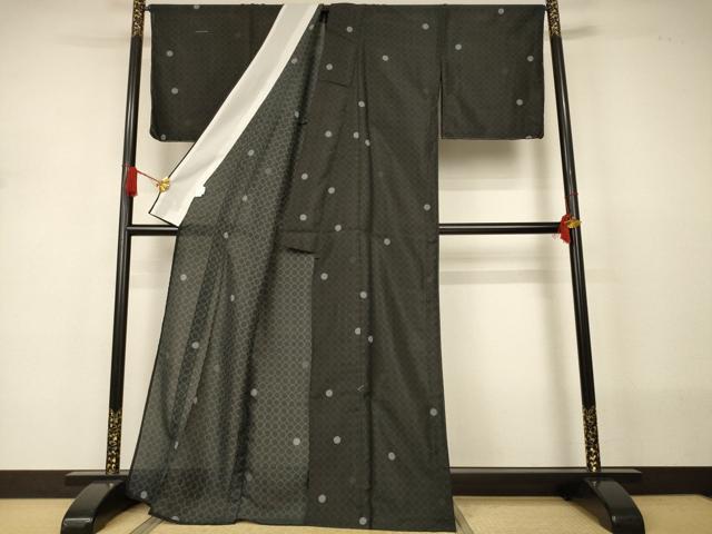 平和屋着物*夏物 小紋 縦絽 丸文 黒地 洗える着物 未使用 AABJ2537jd