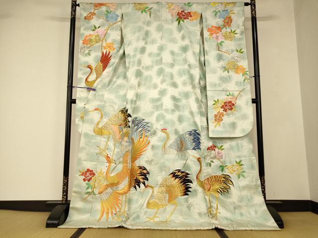 平和屋本店●お引きずり・お引き摺り・引き振袖 和装 結婚式 舞妓 芸妓 芸者 総刺繍 群鶴枝花文 金銀糸 銀通し地 AABJ2671fw