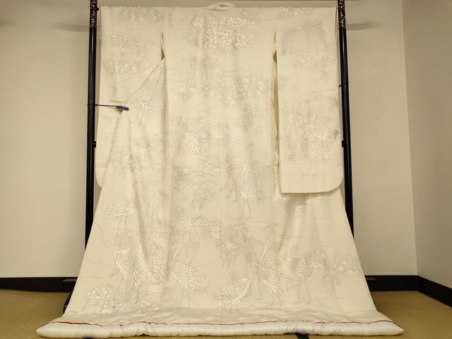 平和屋本店●本手描友禅作家 秋山章 白打掛 白無垢 和装 婚礼 結婚式 花嫁 神社挙式 刺繍 群れ鶴草花文 銀彩 逸品 AABJ2714fw