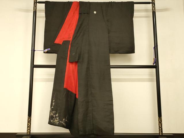 平和屋本店▼アンティーク 大正ロマン 黒留袖 手描き 刺繍 笹梅文 銀糸 正絹 逸品 AABJ2719fw