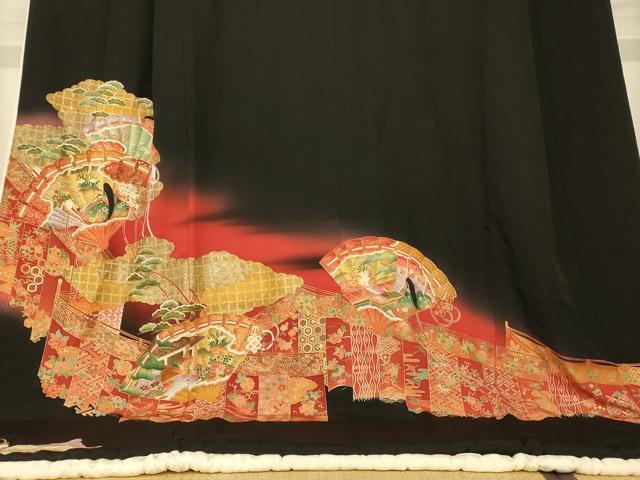 平和屋本店●お引きずり・お引き摺り・引き黒留袖 和装 結婚式 舞妓 芸妓 芸者 衣装 女人花鳥扇子文 暈し染め 金銀彩 AABJ2727fw