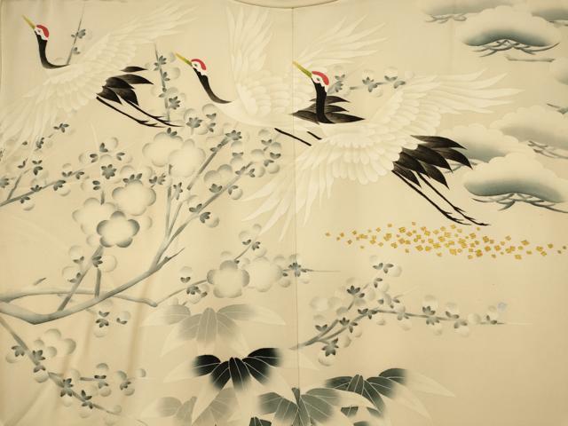 平和屋本店●本手描友禅作家 秋山章 色打掛 和装 婚礼 結婚式 花嫁 神社挙式 松竹梅群れ鶴文 金彩 逸品 AABJ2734fw