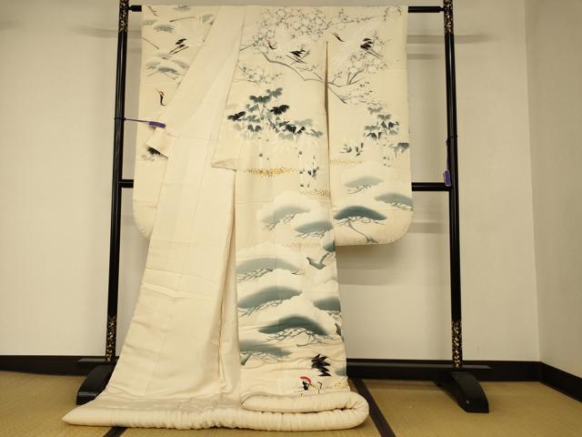 平和屋本店●本手描友禅作家 秋山章 色打掛 和装 婚礼 結婚式 花嫁 神社挙式 松竹梅群れ鶴文 金彩 逸品 AABJ2734fw