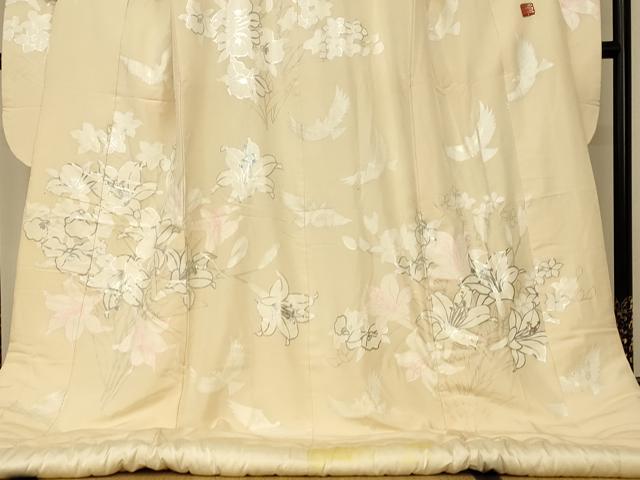 平和屋本店●本手描友禅作家 秋山章 色打掛 和装 婚礼 結婚式 花嫁 神社挙式 花鳥文 銀彩 逸品 AABJ2738fw