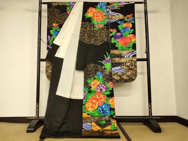 平和屋本店●お引きずり・お引き摺り・引き振袖 和装 結婚式 舞妓 芸妓 芸者 衣装 駒刺繍 草花雲取り文 黒地 金彩 逸品 AABJ2756fw