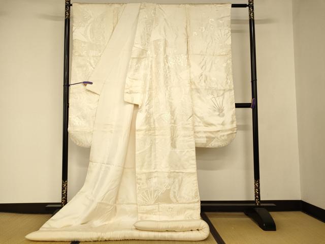 平和屋本店●白打掛 白無垢・袋帯セット 和装 婚礼 結婚式 花嫁 神社挙式 唐織 扇子草花文 梅 逸品 AABJ2768fw