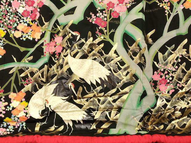 平和屋本店●本手描友禅作家 秋山章 色打掛 和装 婚礼 結婚式 花嫁 神社挙式 枝梅飛鶴文 黒地 金銀糸 金銀彩 逸品 AABJ2777fw