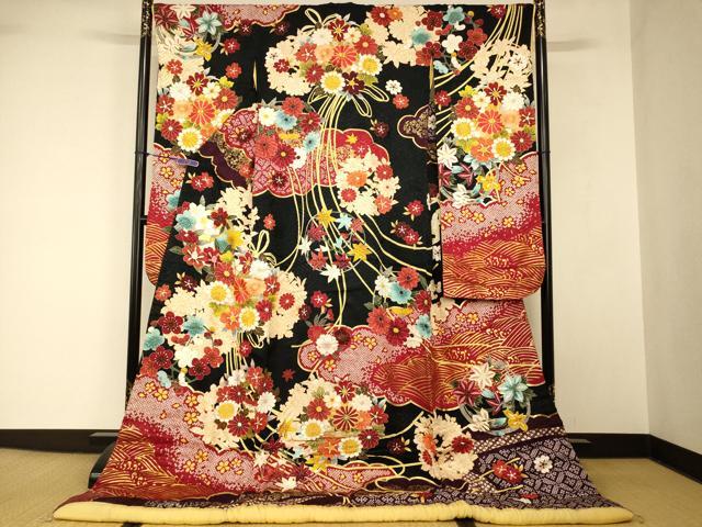 平和屋本店●お引きずり・お引き摺り・引き振袖 和装 結婚式 舞妓 芸妓 芸者 衣装 駒刺繍 草花丸文 黒地 金銀彩 逸品 AABJ2779fw