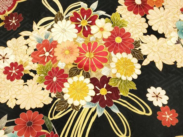 平和屋本店●お引きずり・お引き摺り・引き振袖 和装 結婚式 舞妓 芸妓 芸者 衣装 駒刺繍 草花丸文 黒地 金銀彩 逸品 AABJ2779fw