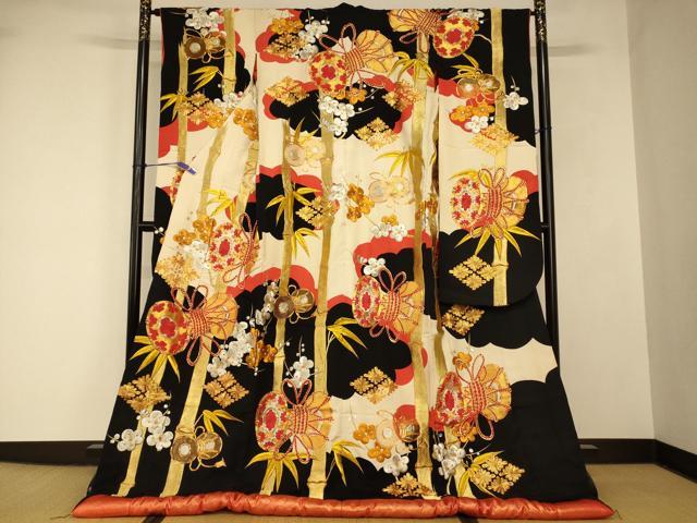 平和屋本店●色打掛 和装 婚礼 結婚式 花嫁 神社挙式 駒刺繍 花鼓笹竹文 黒地 金銀糸 逸品 AABJ2792fw