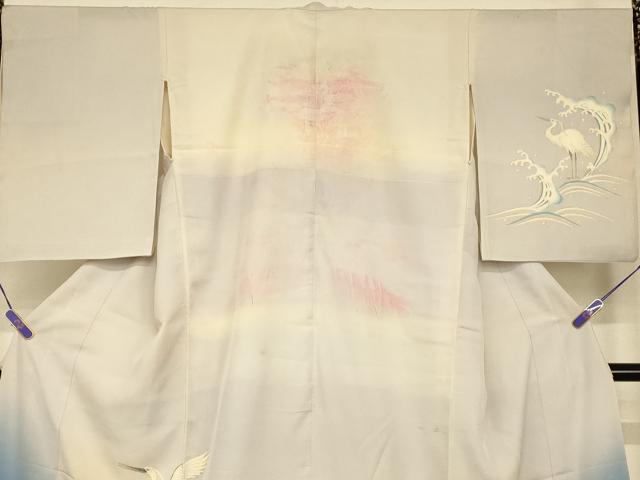 平和屋本店●夏物 お引きずり・お引き摺り 訪問着 和装 舞台 舞妓 芸妓 芸者 衣装 手描き 刺繍 飛鶴立波文 絽 銀糸 銀彩 逸品 AABJ2805fw
